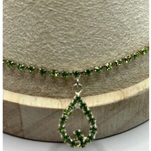 Tennis Bracelet Green Rhinestones Teardrop Charm Silver Tone Spring Dainty8.5 in